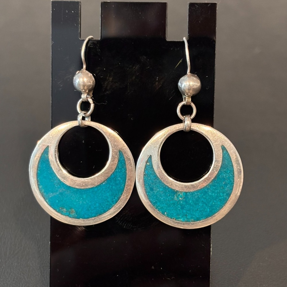 Vintage Signed Taxco Mexico Sterling SIlver Turquoise Inlaid Dangle Earrings